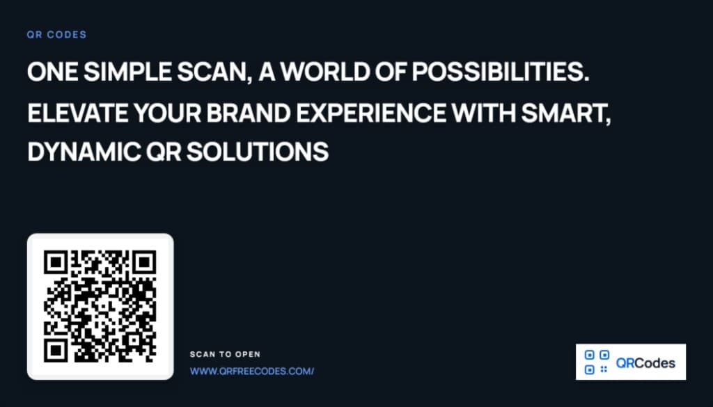 Printables preview: business-card style layout with headline, QR code, and logo on a dark background.